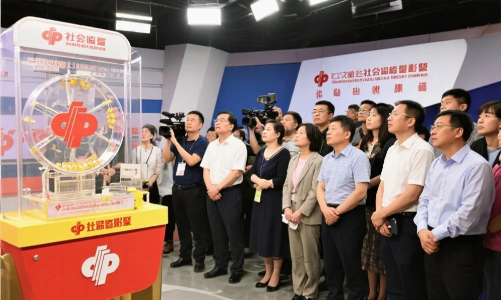 一群来自不同背景的社会监督员和媒体代表在彩票开奖现场认真观看开奖过程,环境庄重透明